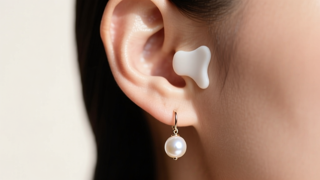Side view of an earlobe wearing a pearl drop earring with a silicone support patch, showing proper ergonomic weight distribution.