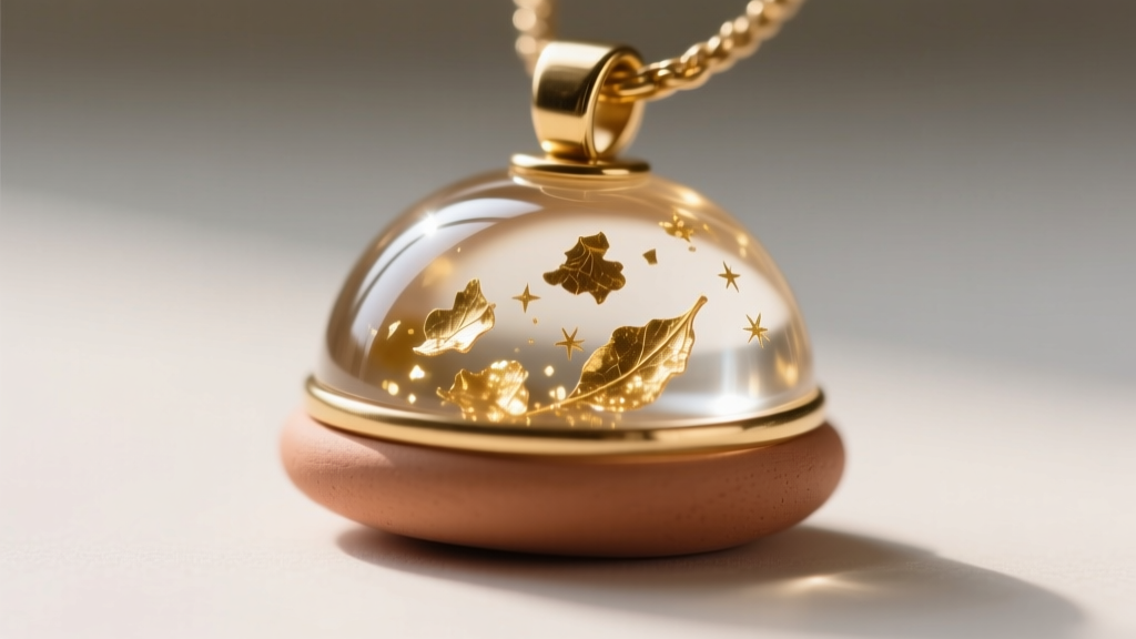 Macro shot of a finished polymer clay pendant with a high-gloss UV resin dome, showcasing gold leaf flakes and a flush brass bail