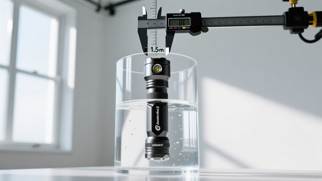 Olight Warrior Mini 3 flashlight submerged in a clear water cylinder with digital calipers measuring a 1.5-meter drop height from the ceiling