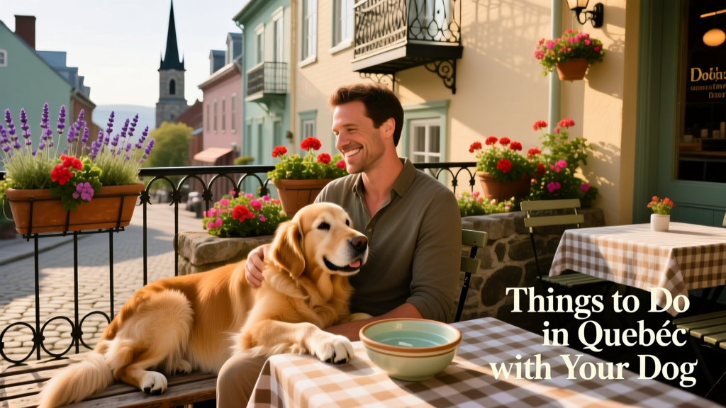 A pet parent and dog relaxing on the flower-adorned terrace of a dog-friendly restaurant in Old Québec