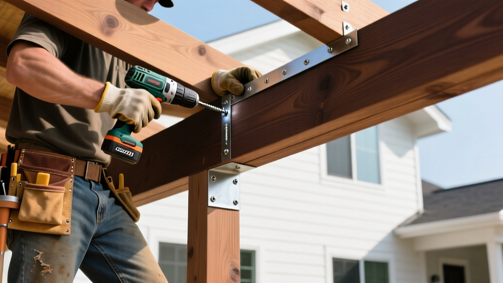 Carpenter securing a pressure-treated ledger board to a house rim joist with structural screws and Z-flashing for an attached patio cover