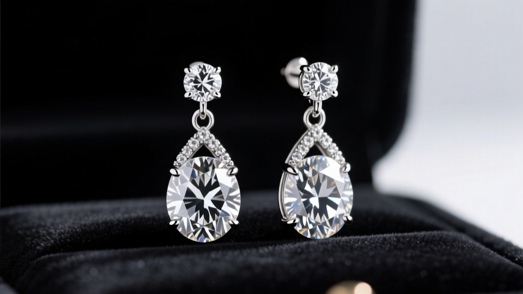 Macro shot of platinum double diamond drop earrings on black velvet, highlighting prong settings and brilliant faceting