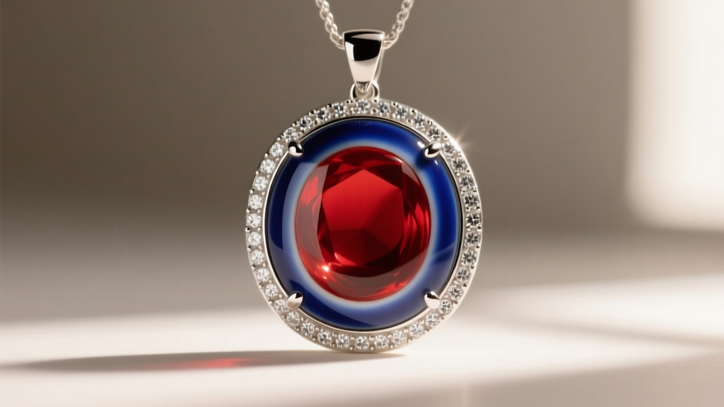 Macro shot of vitreous enamel pendant showing red and blue glass fused into a sterling silver base with small diamond accents.