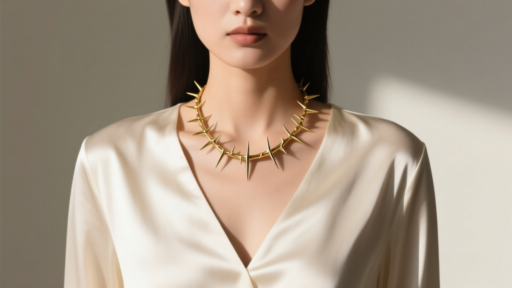 Model wearing a gold thorn necklace over a V-neck silk blouse, highlighting an elegant neckline pairing and modern jewelry styling