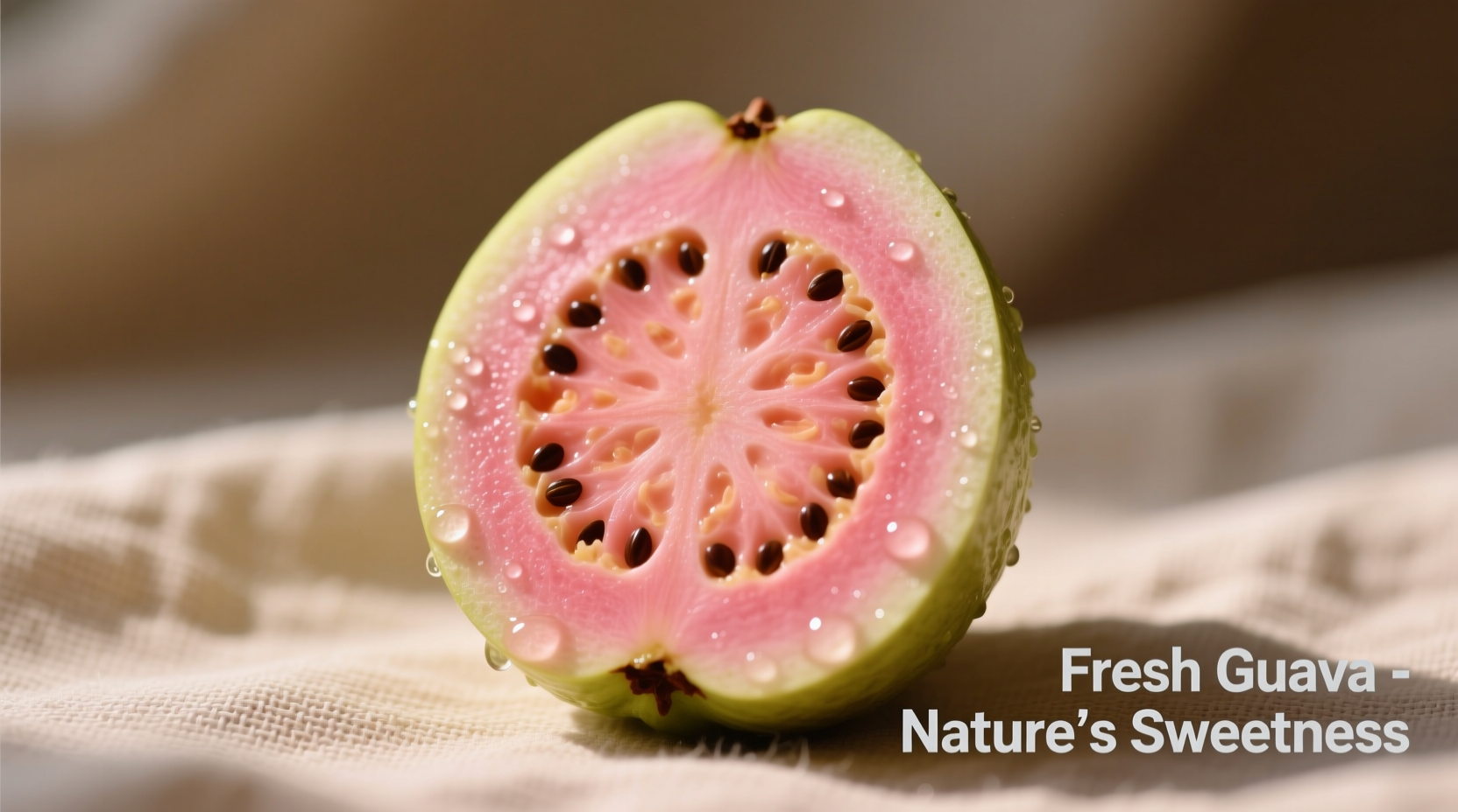 Ripe guava fruit cut in half showing pink flesh and seeds