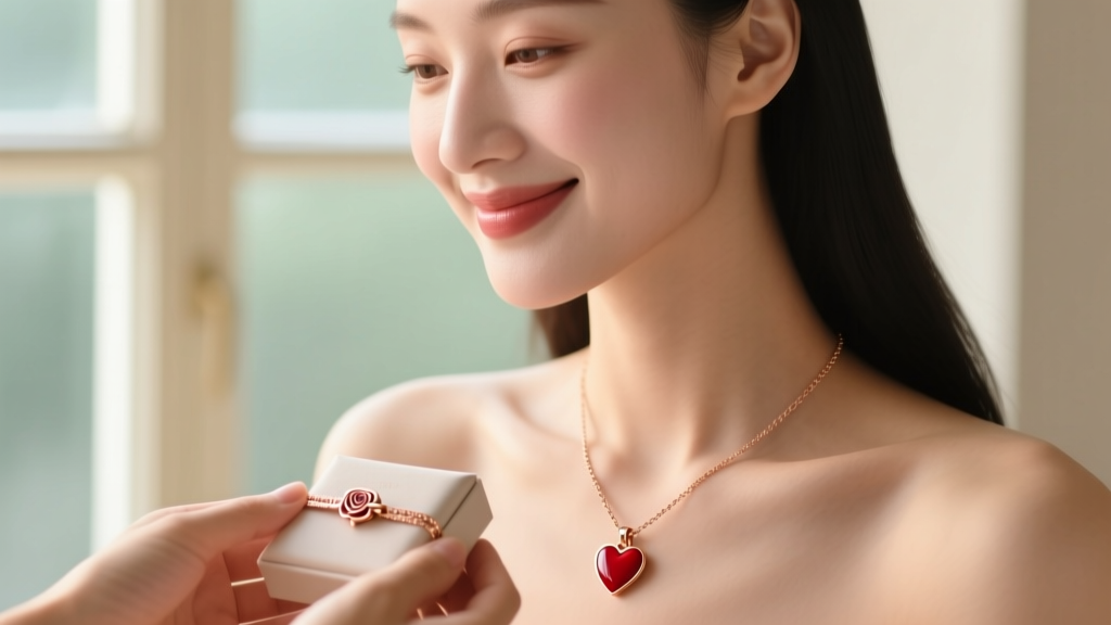 A woman receiving a delicate rose gold necklace with an enamel red heart pendant as a gift, close-up on the clasp and smile.