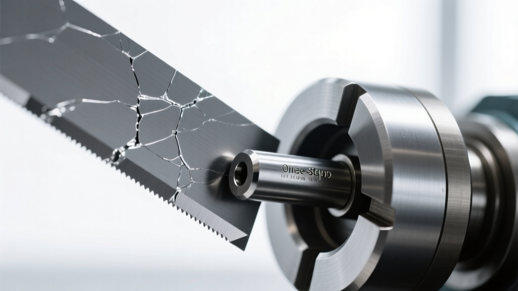 Macro shot of the hardened steel cutting blade and bending pin inside a one step looper jaw, revealing minor metallic wear marks.