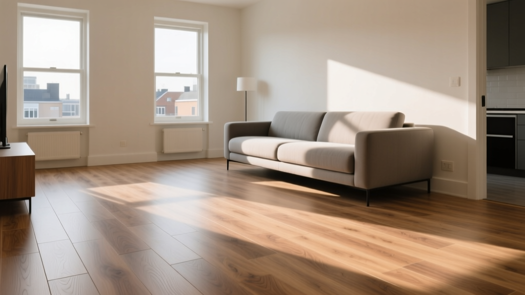 Durable stone-plastic-composite luxury vinyl plank flooring in a bright 4-bedroom student apartment living room, showcasing scratch-resistant surfaces near a sofa