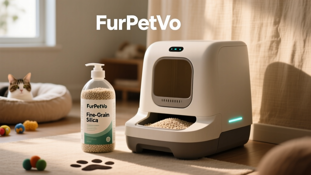 Bottle of FurPetVo Fine-Grain Silica Cat Litter next to a sleek automatic litter box