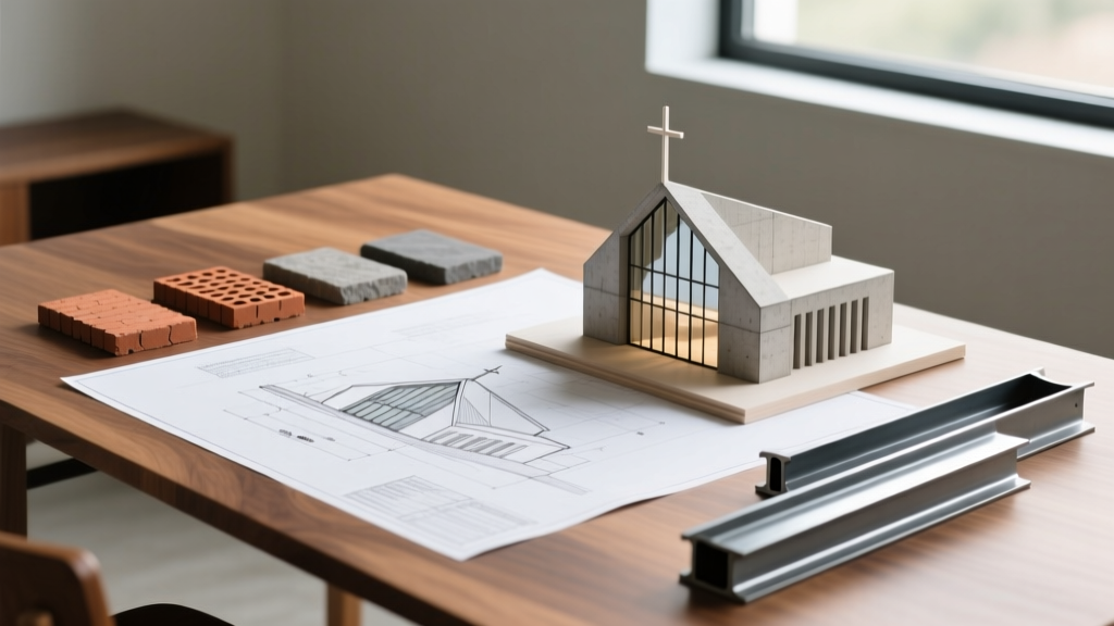 Blueprint of a modern church sanctuary on a desk next to a scale model, brick samples, and steel beam cross-sections