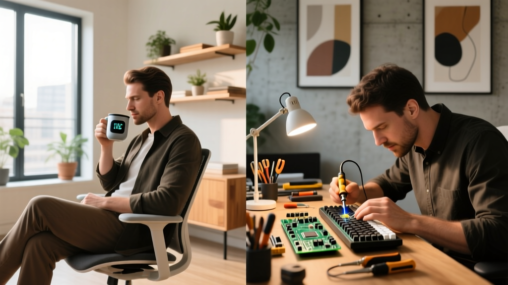 Split scene of a man enjoying coffee from a smart mug beside a man soldering a custom mechanical keyboard PCB in a modern home office