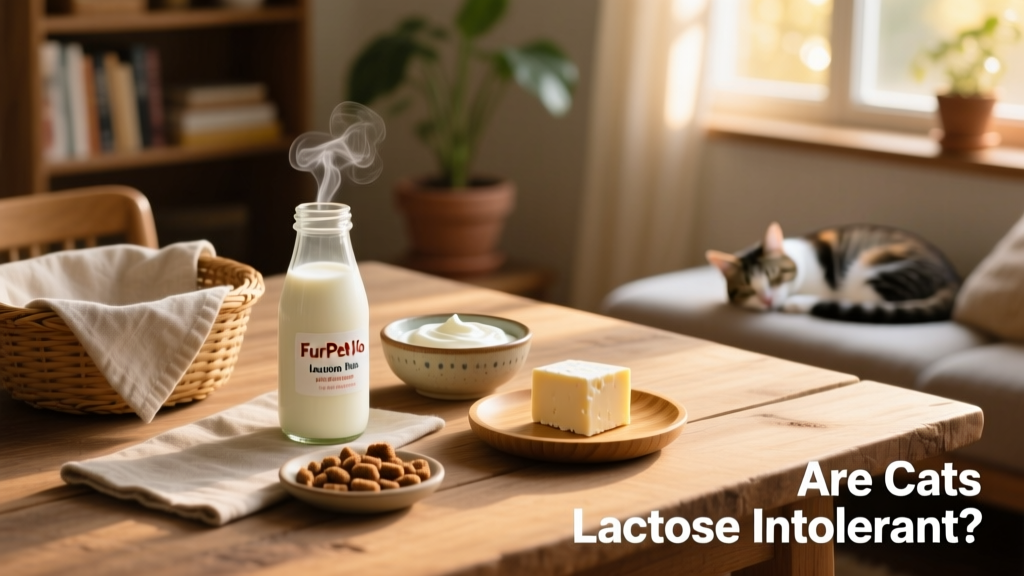 A selection of cat-safe treats including FurPetVo lactose-free milk and small portions of yogurt and cheese