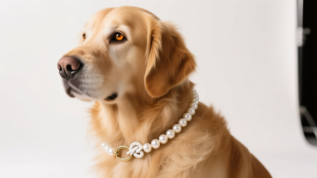 Golden retriever wearing a knotted white freshwater dog pearl necklace with a brass breakaway clasp, soft studio lighting.
