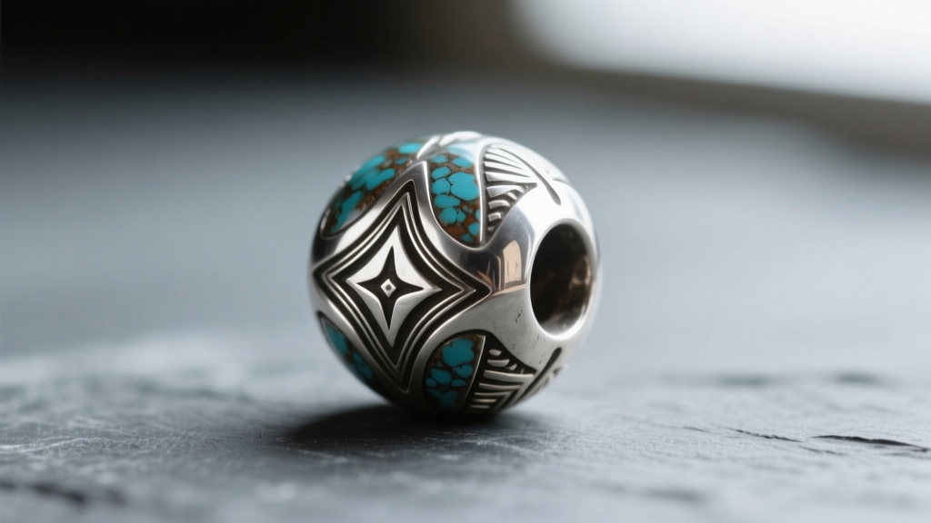 Macro shot of Navajo sandcast sterling silver bead showing oxidized stamp work and natural patina against a slate background