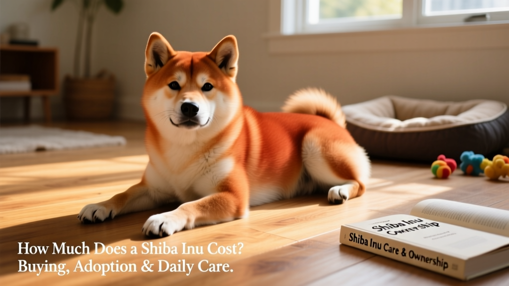 An adult Shiba Inu lying comfortably on a sunlit wooden floor, gazing at the camera