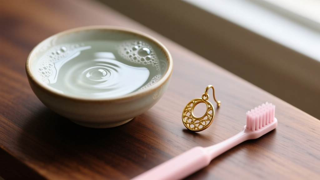 Small ceramic bowl of mild soapy water with a soft baby toothbrush next to a vintage-style gold earring on a dark wood surface.
