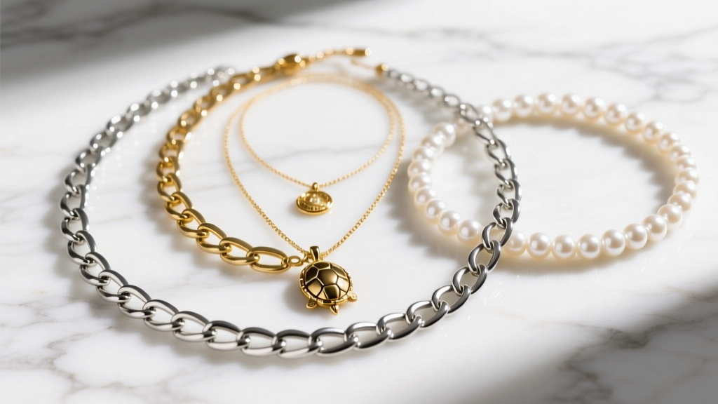 Flat lay of three layered necklaces: a tortoise chain, a delicate gold vermeil pendant, and a pearl choker on white marble.