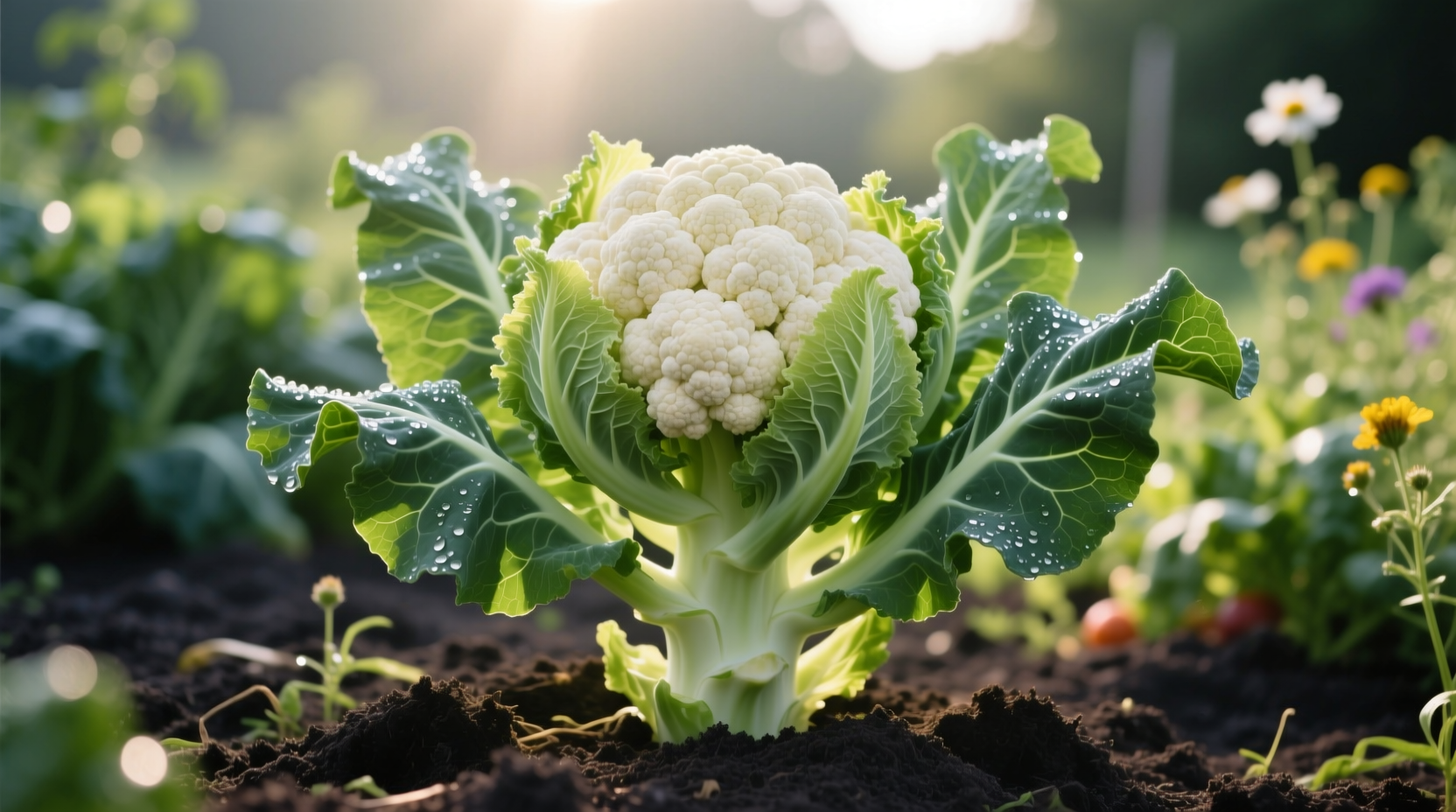 Healthy cauliflower plant showing developing head in garden