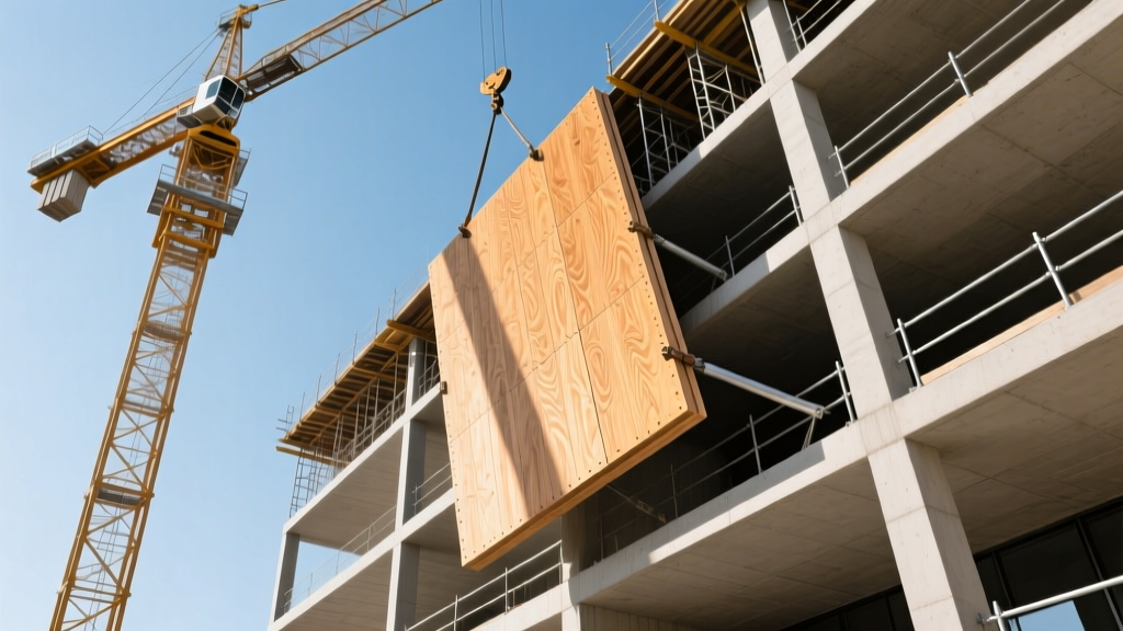 Crane lifting a prefabricated timber wall panel onto a multi-story building frame at a bright, modern commercial construction site.