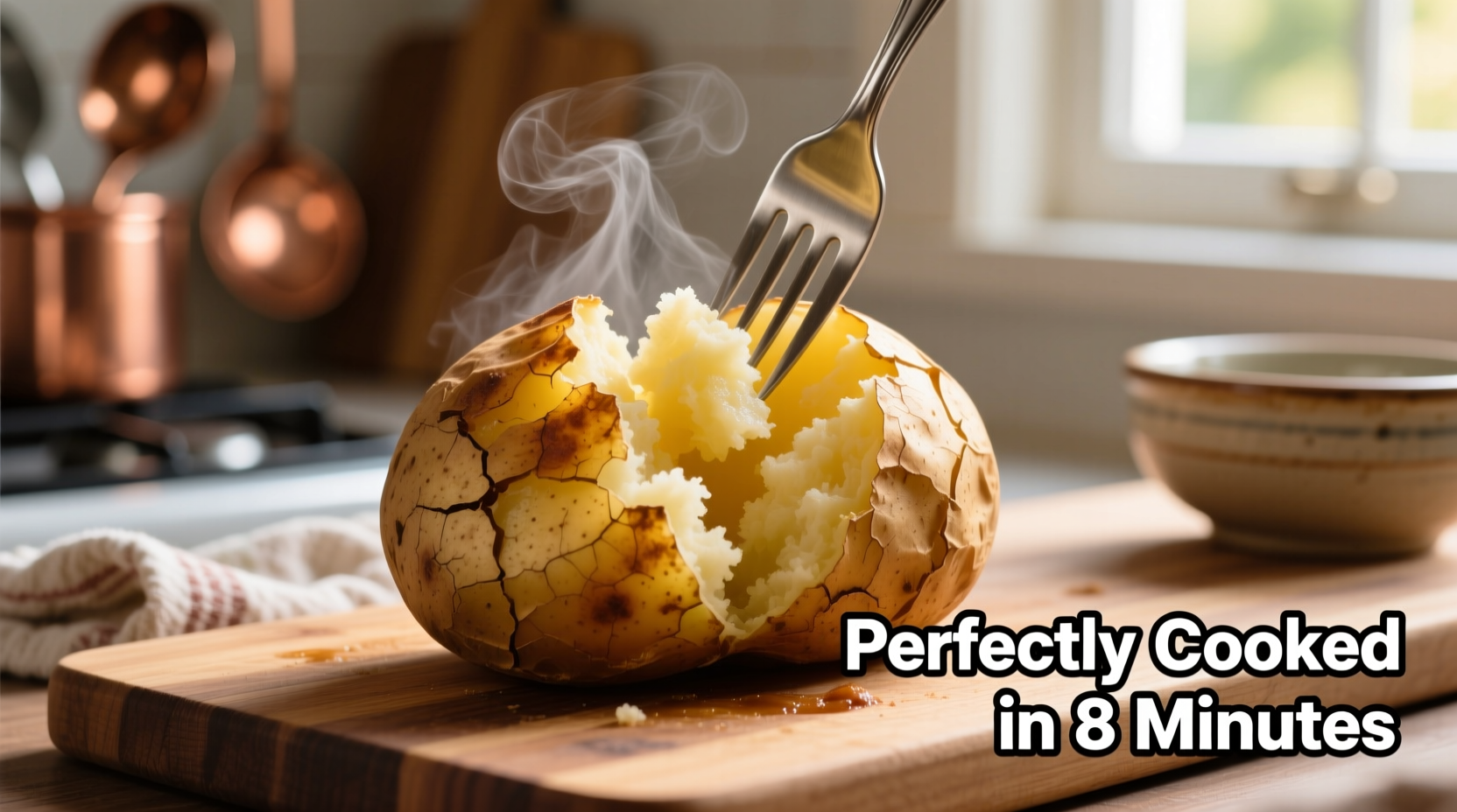 Perfectly cooked microwave baked potato with fork