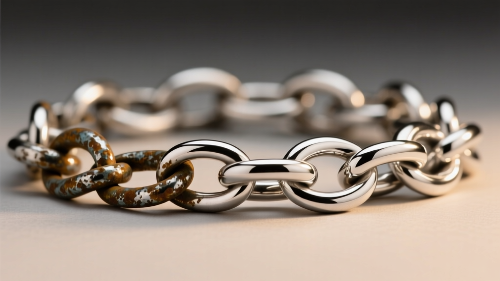 Tarnished 925 sterling silver infinity links beside bright rhodium-plated silver links under warm studio lighting.