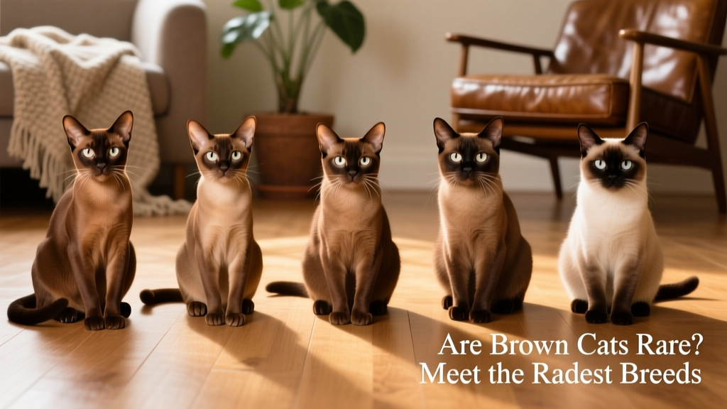 Side-by-side comparison of five brown cat breeds: Havana Brown, Oriental Shorthair, Abyssinian, British Shorthair, and Burmese