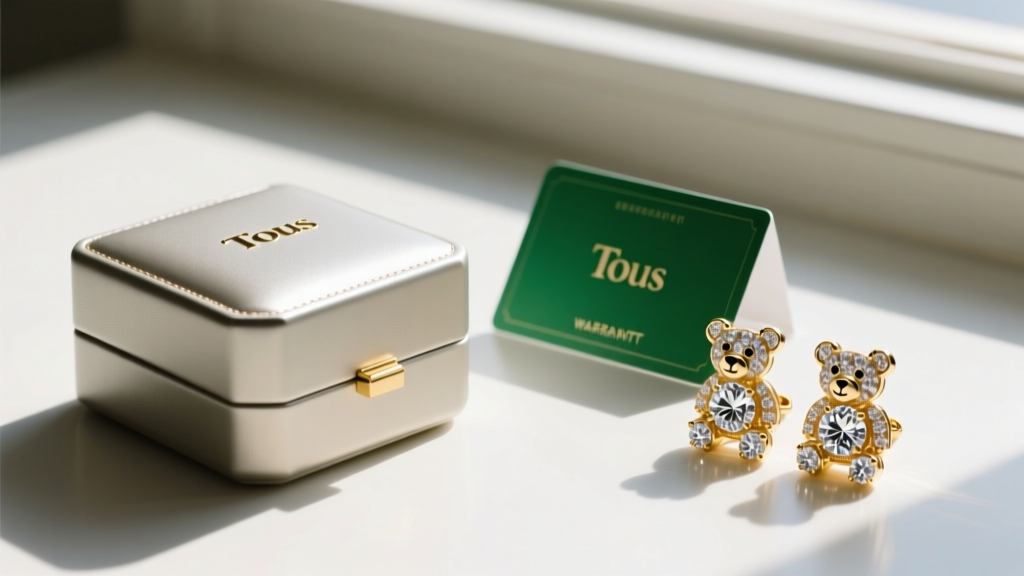 Flat lay of a Tous jewelry box, green warranty card, and diamond gold bear earrings illuminated by bright natural window light