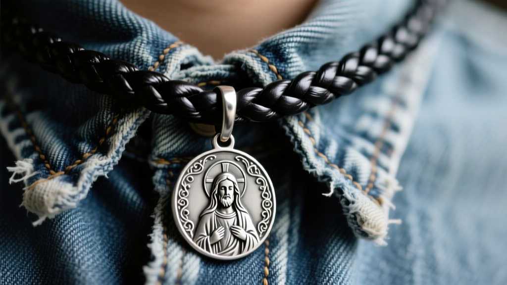 Close-up of a braided black leather cord with a detailed sterling silver San Judas medal resting on a faded denim shirt collar.
