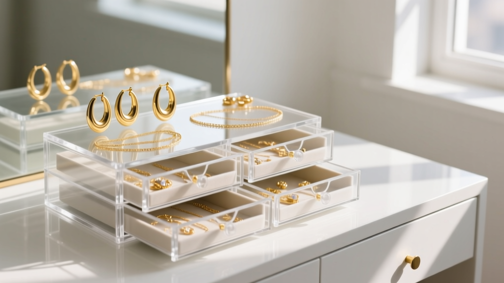 Clear acrylic multi-drawer jewelry organizer on a white vanity, displaying gold hoops and chains under soft morning light.