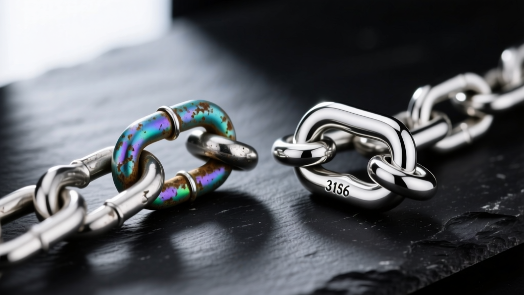 Macro shot comparing a tarnished sterling silver chain link next to a pristine 316L stainless steel chain link on dark slate.