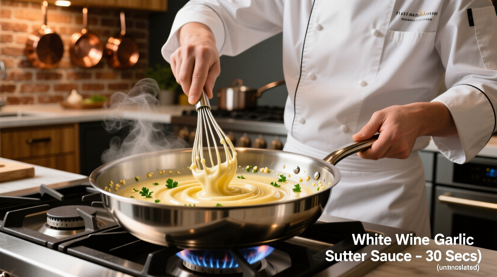 Chef whisking white wine garlic butter sauce in stainless steel pan