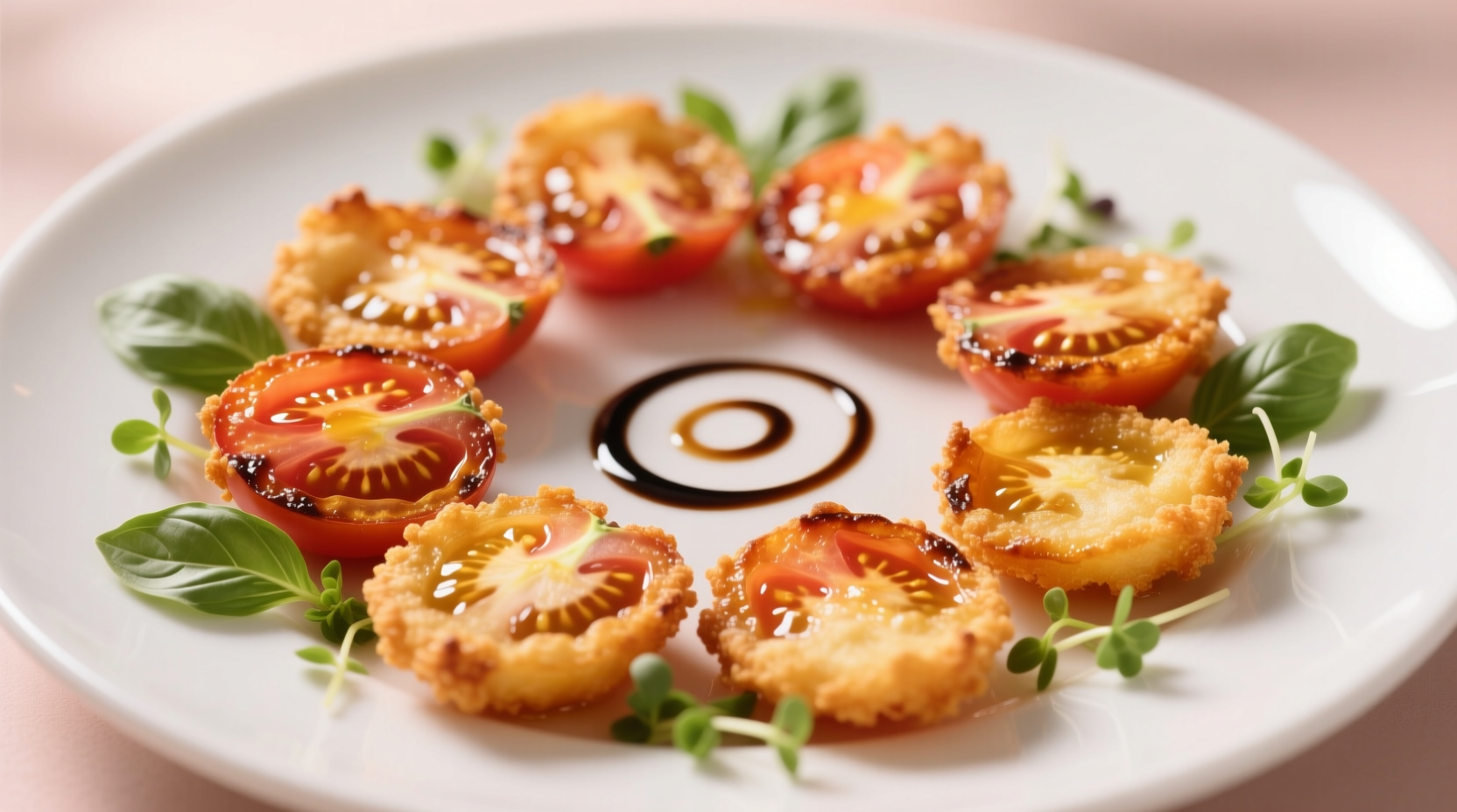 Golden fried tomato slices on white plate with garnish