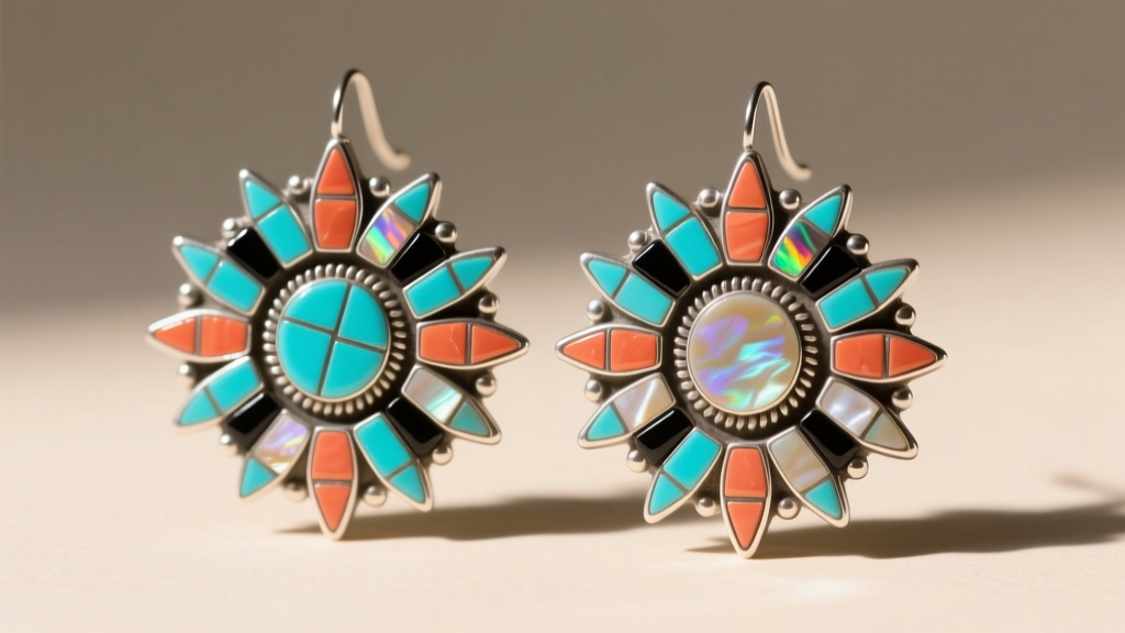 Close-up of Zuni sunface earrings featuring sterling silver channel inlay with turquoise, coral, jet, and mother-of-pearl stones