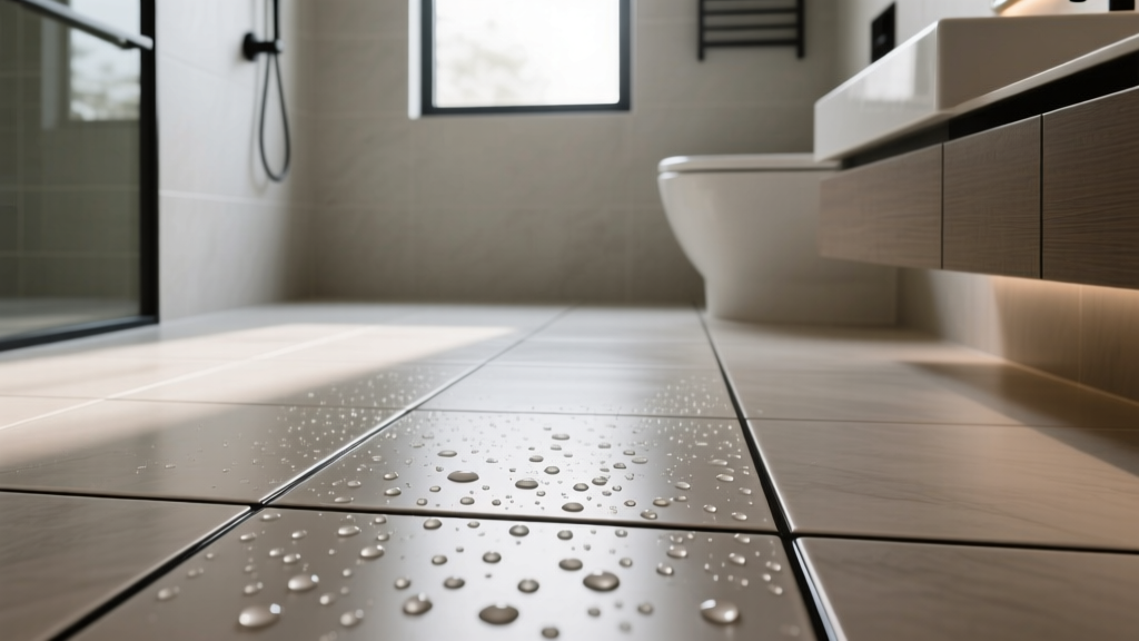 Textured porcelain floor tiles with dark epoxy grout in a modern bathroom, showing water beading on the matte slip-resistant surface