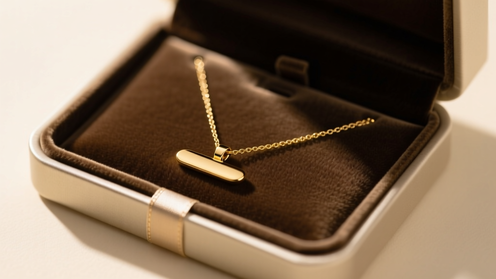 Flat gold pendant necklace stored in a velvet-lined box with an anti-tarnish strip, lying perfectly straight to prevent kinking