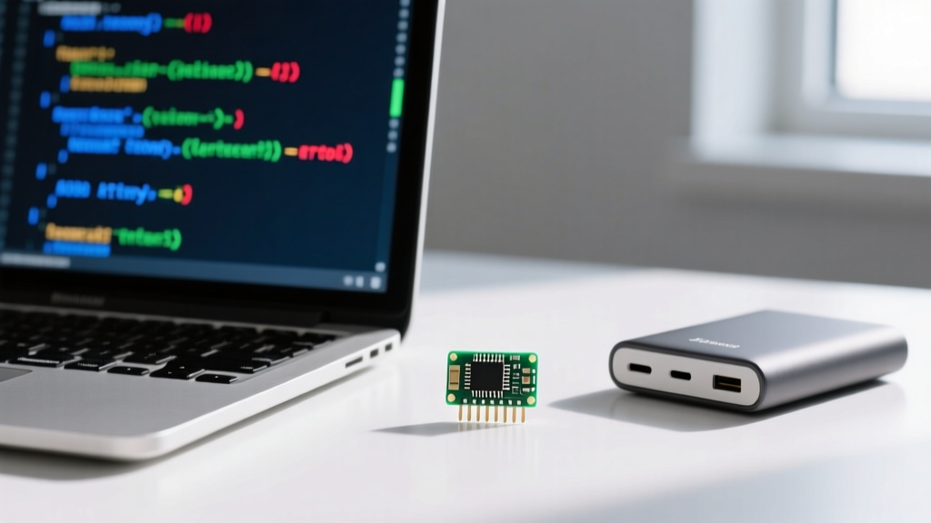 A laptop screen displaying the Python IDE code for an ATtiny85 USB panic button alongside the tiny microcontroller and a standard power bank