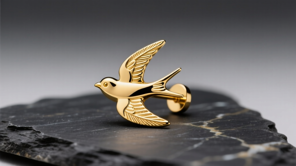 Macro shot of an 18k yellow gold swallow bird stud earring resting on dark textured slate under soft, directional studio lighting.
