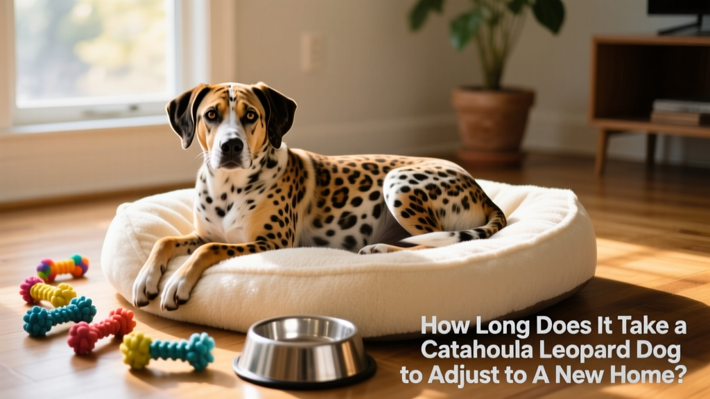 A Catahoula Leopard Dog resting on a plush dog bed beside chew toys and a water bowl