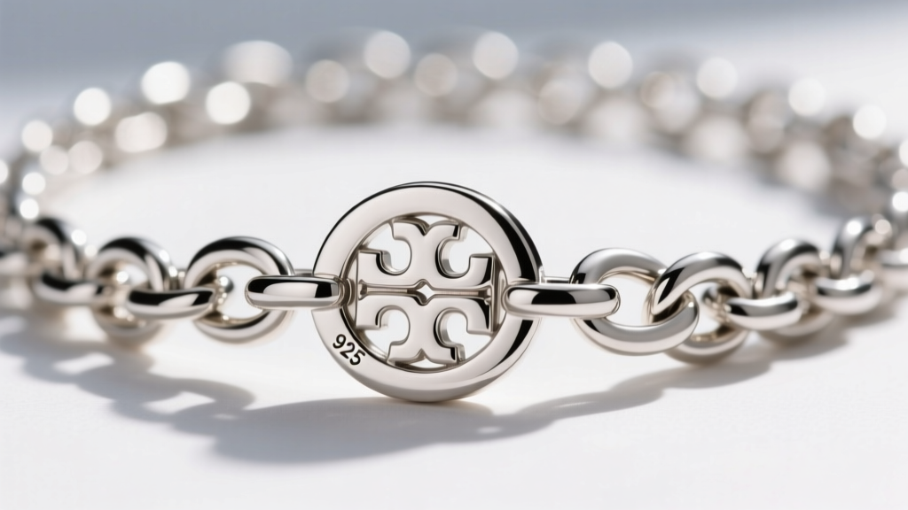 Close-up of a Tory Burch silver necklace clasp and chain links, showing rhodium plating and 925 hallmark under bright lighting