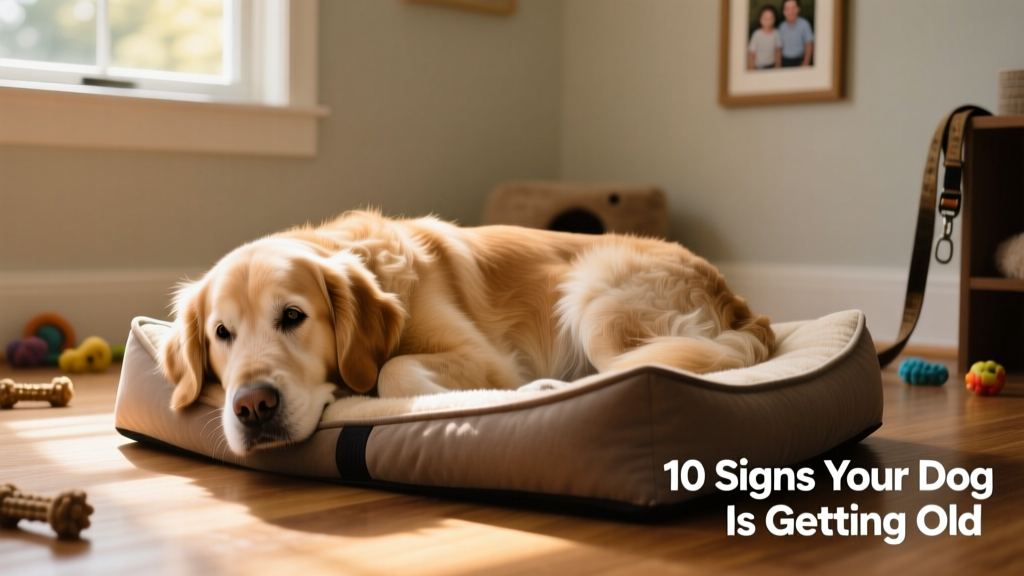 Senior golden retriever resting peacefully on a soft orthopedic dog bed indoors