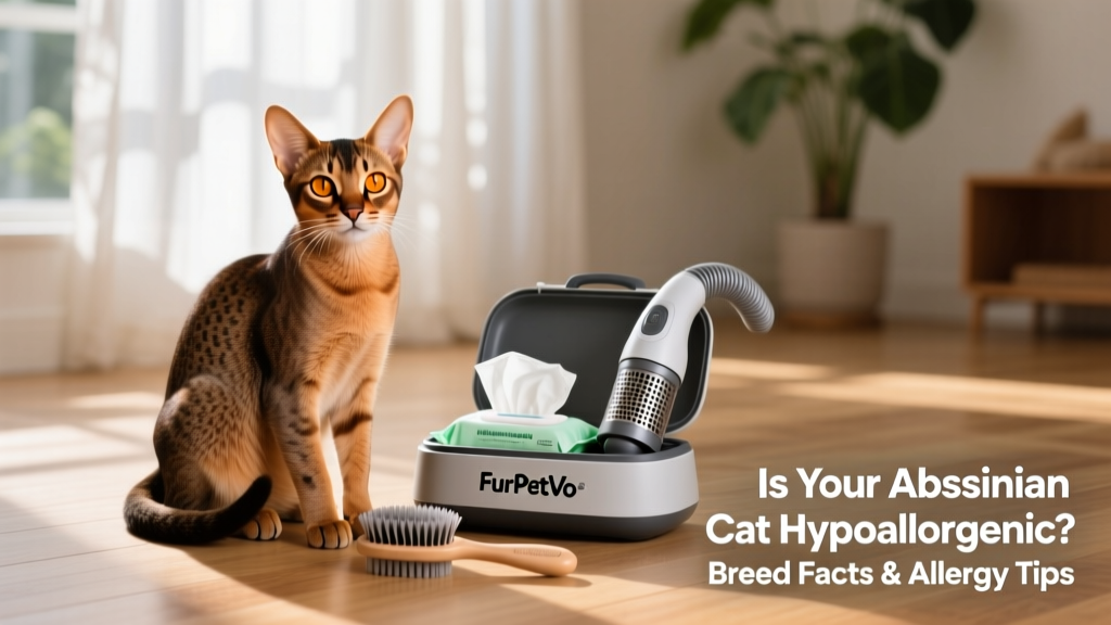 A calm Abyssinian kitten sitting beside a FurPetVo-branded grooming kit with brush, wipes, and HEPA vacuum attachment
