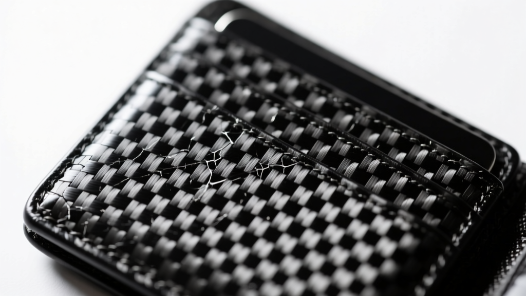 Macro shot of forged carbon fiber weave on a Ridge Wallet showing minor surface scuffs but zero structural cracks after impact