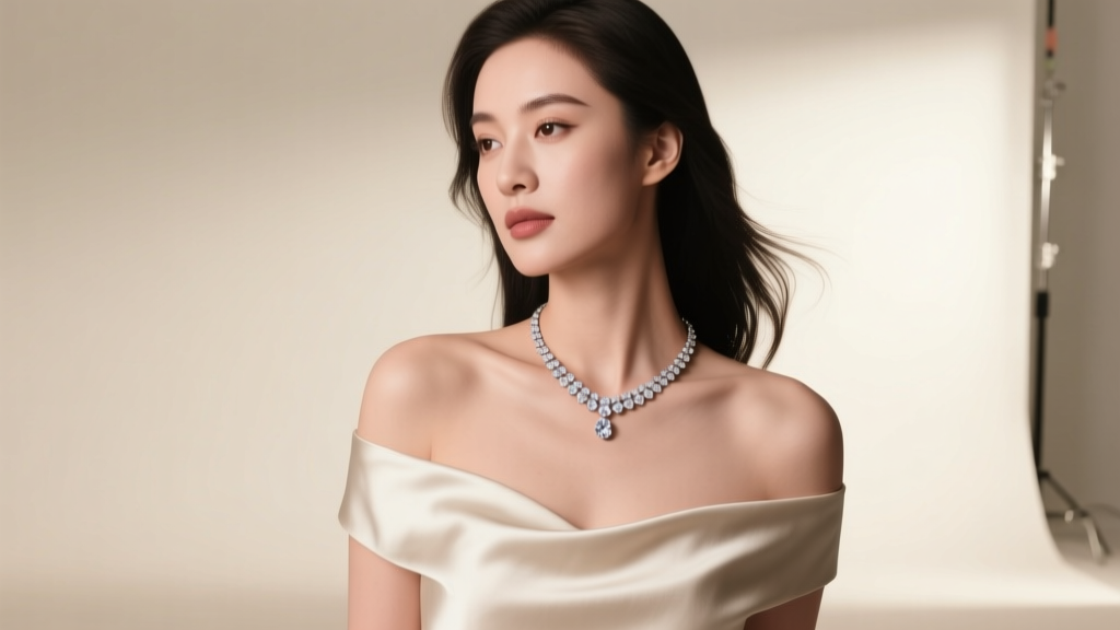Portrait of a woman in an off-shoulder dress wearing a delicate diamond lariat necklace, soft studio lighting, fashion editorial.