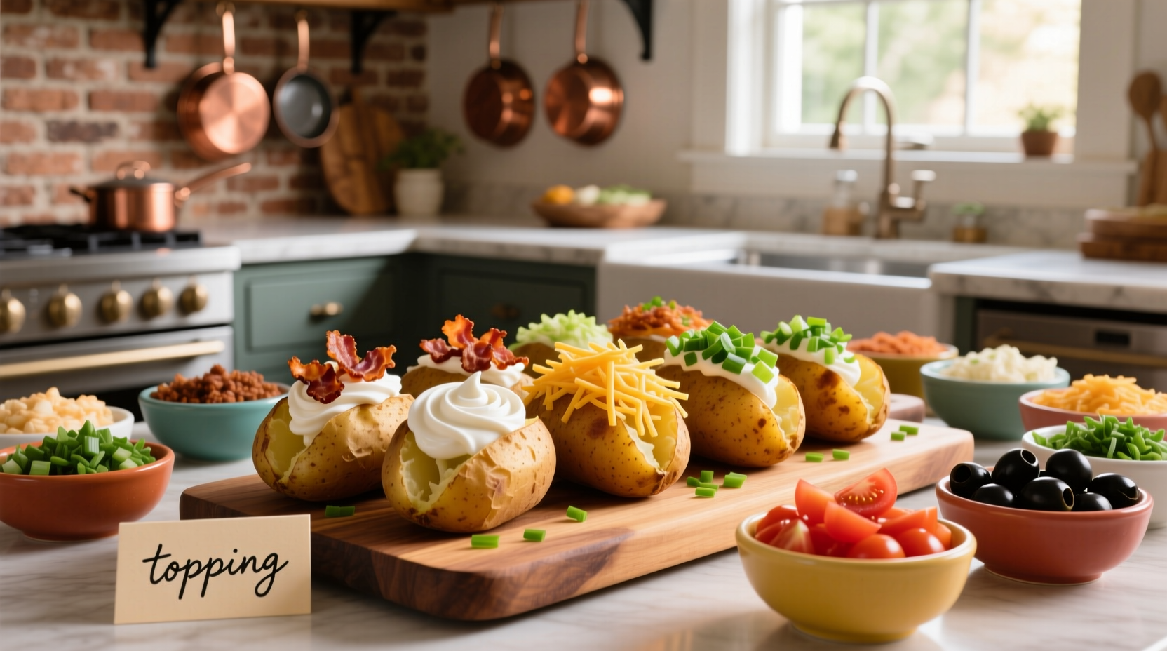 Baked potato bar with assorted toppings arranged neatly