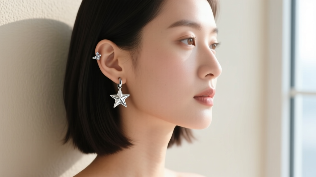Profile portrait showcasing a curated ear stack with star huggie earrings in the standard lobe, helix, and tragus.