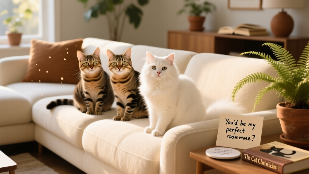 A warm, well-lit photo of three friendly cats sitting side by side on a cozy sofa