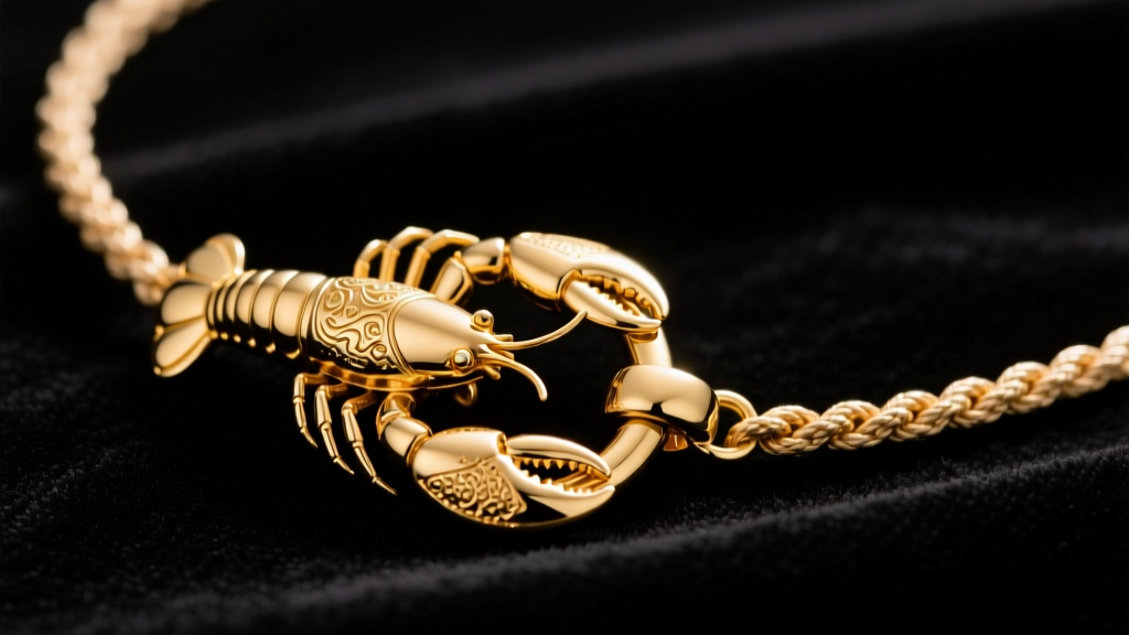 Macro photography of a sturdy 14K gold lobster clasp attached to a thick jump ring on a rope chain choker, studio lighting.