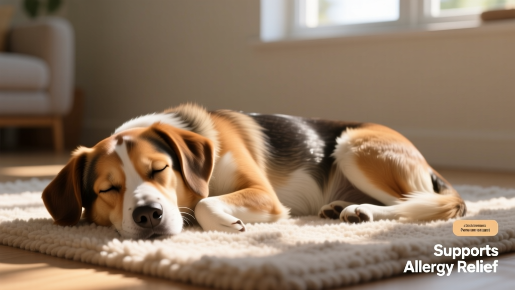 Happy mixed-breed dog resting peacefully on a sunlit rug, with calm expression and glossy coat