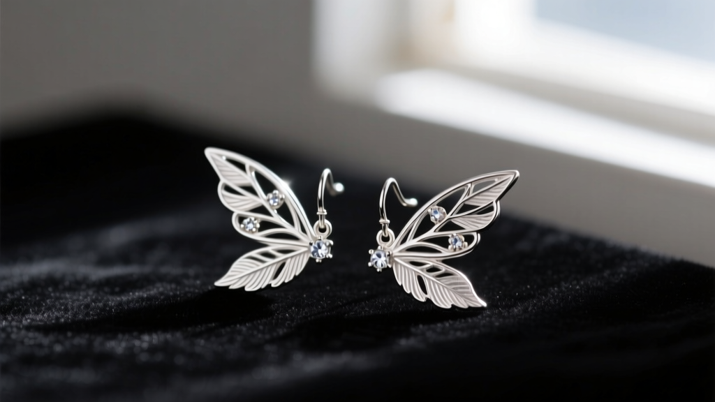 Close-up of intricate sterling silver fairy wing earrings laid on a dark velvet jeweler's bench block next to nylon jaw pliers