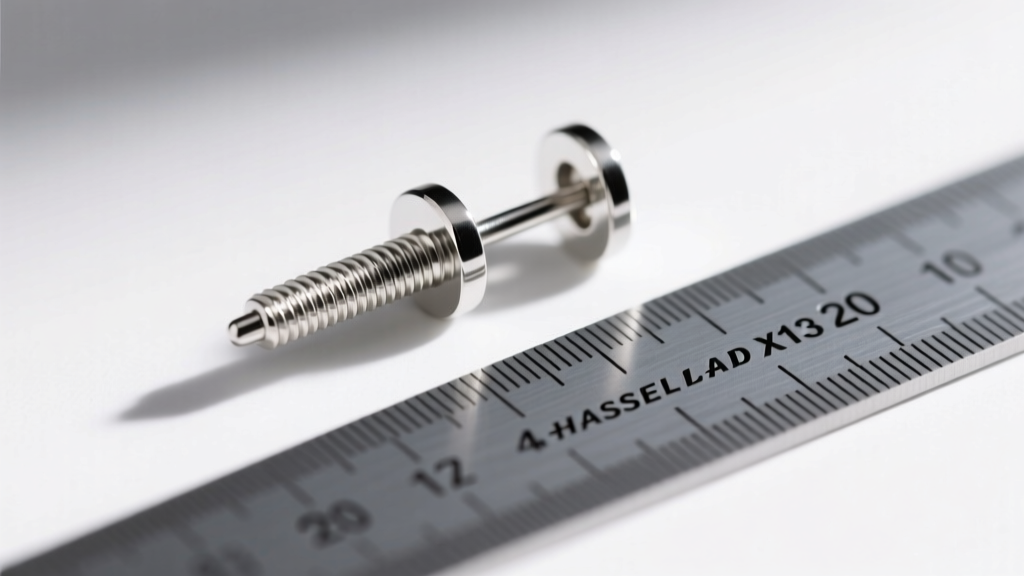 Side profile of a 20-gauge earring post with a secure screw-back, resting next to a standard millimeter gauge measuring tool.